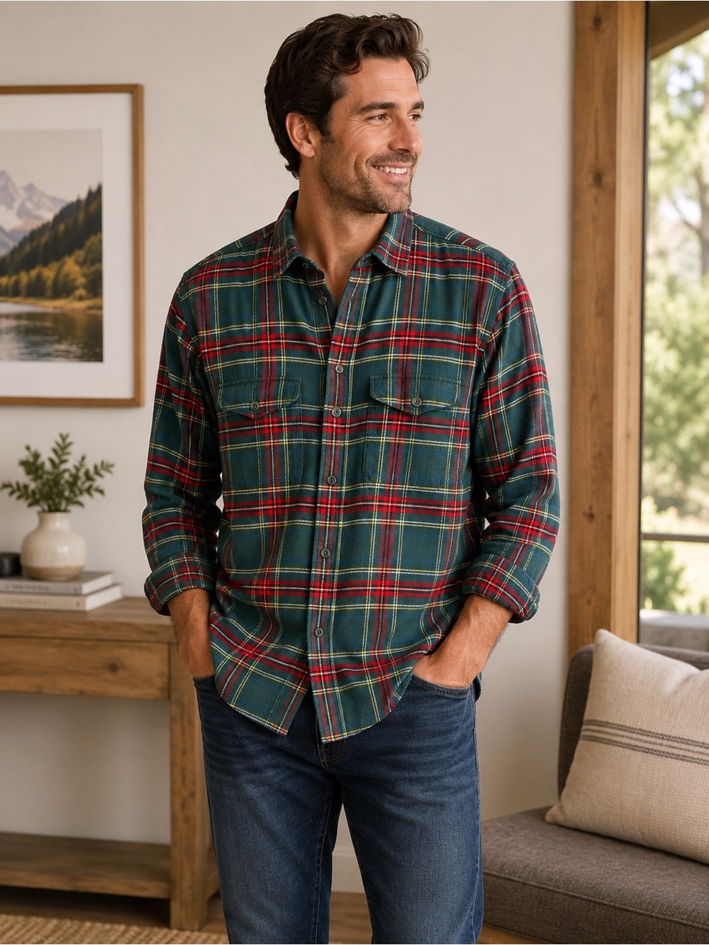 American Eagle Outfitters Green and Red Plaid Button-Down Shirt